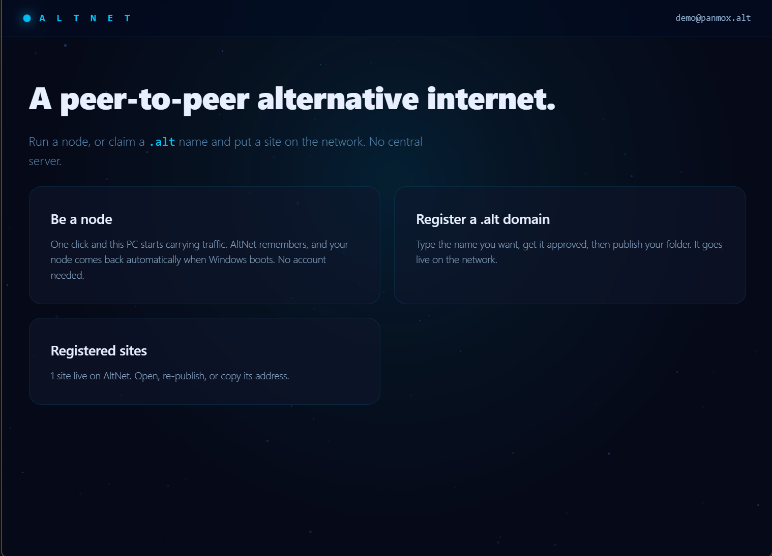 AltNet main view — node, claim a name, registered sites