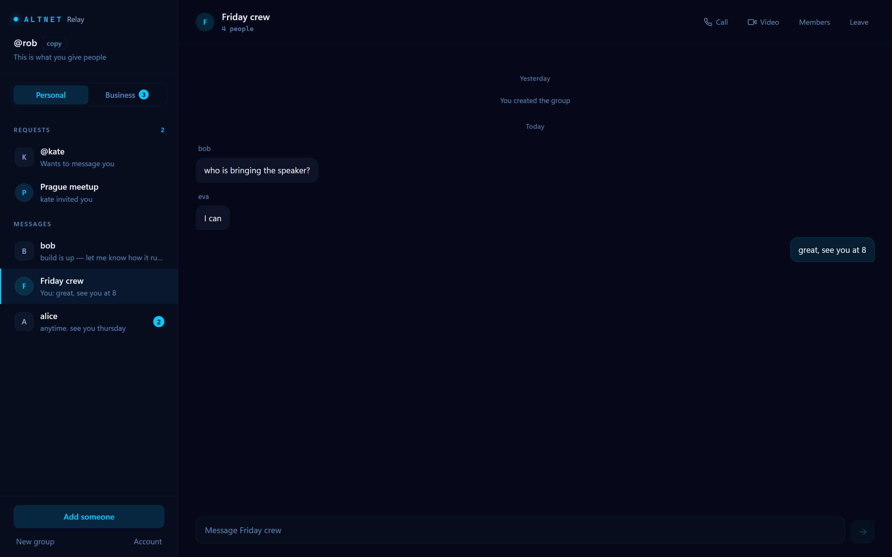 A group chat in AltNet Relay.